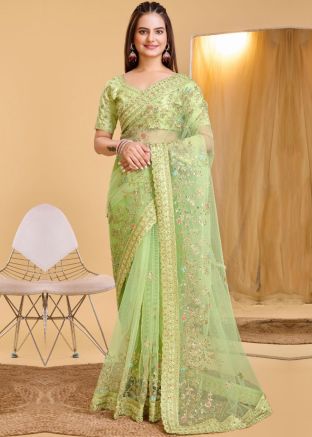 Green Zari Embroidered Net Saree