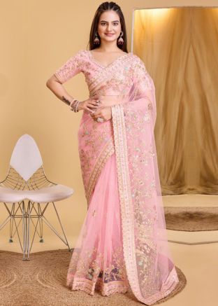 Light Pink Zari Embroidered Net Saree
