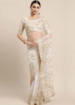White Embroidered Net Saree With Blouse
