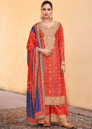 Readymade Red Bandhej Print Palazzo Suit Set