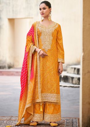 Yellow Readymade Bandhej Print Palazzo Suit Set