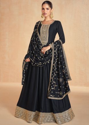 Black Readymade Silk Abaya Style Suit In Thread Embroidered