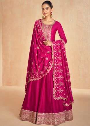 Pink Thread Embroidered Readymade Silk Abaya Style Suit Set