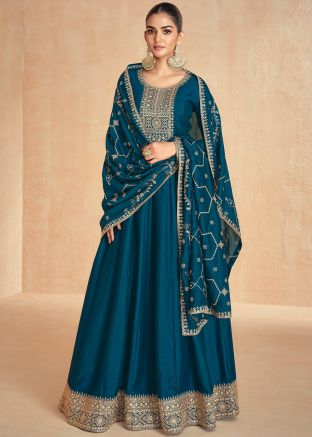 Teal Blue Thread Embroidered Readymade Silk Abaya Style Suit