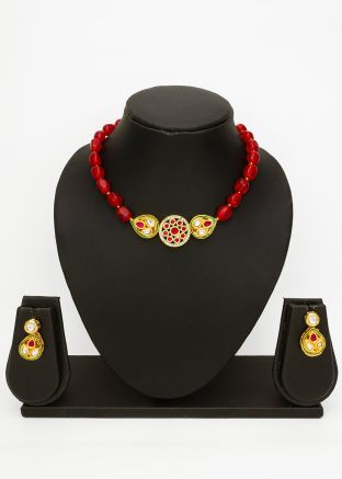 Red Necklace Set In Studded Stone