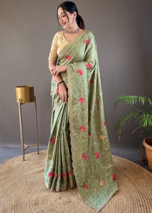 Green Embroidered Tussar Silk Saree