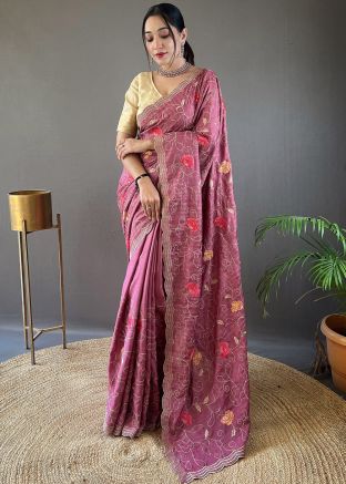 Dull Magenta Saree In Thread Embroidery