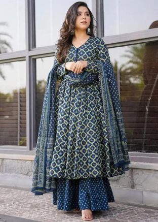Teal Blue Readymade Cotton Palazzo Suit In Digital Print