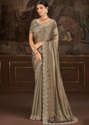 Dusty Grey Embroidered Satin Silk Saree
