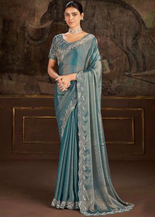 Teal Blue Embroidered Art Silk Saree & Blouse