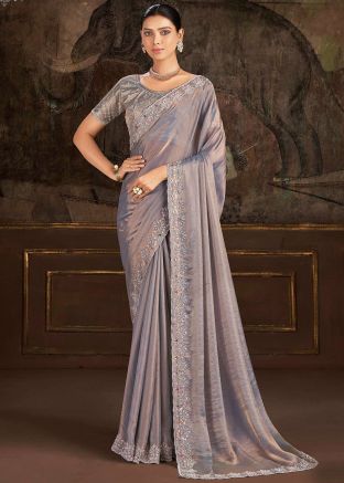 Dusty Grey Embroidered Satin Silk Saree