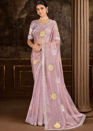 Lavender Embroidered Saree In Satin Silk
