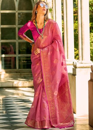 Pink Woven Work Saree In Tissue Silk