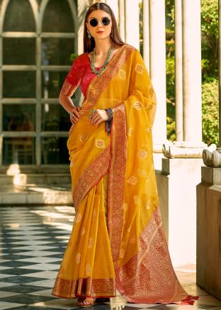 Yellow Tissue Silk Saree In Woven Work