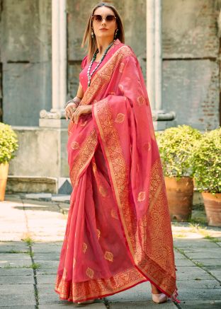 Pink Woven Tissue Silk Saree & Blouse