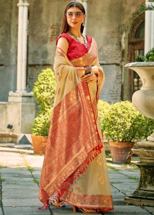 Beige Woven Work Tissue Silk Saree