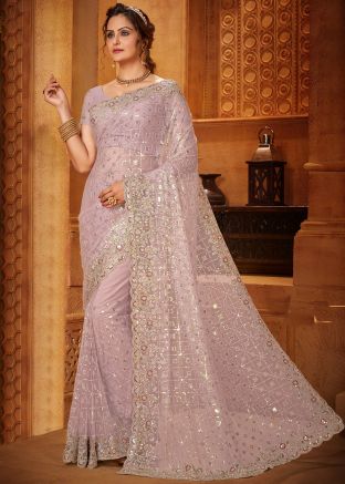 Purple Embroidered Saree In Net
