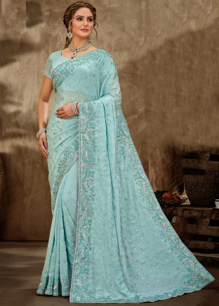 Blue Embroidered Saree In Net