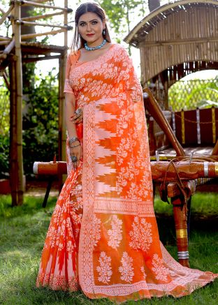 Orange Printed Saree In Cotton