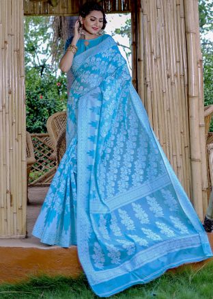 Blue Printed Saree In Cotton