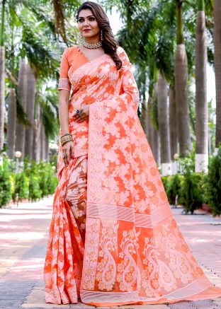 Orange Printed Saree In Cotton