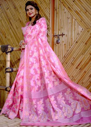 Pink Printed Saree In Cotton