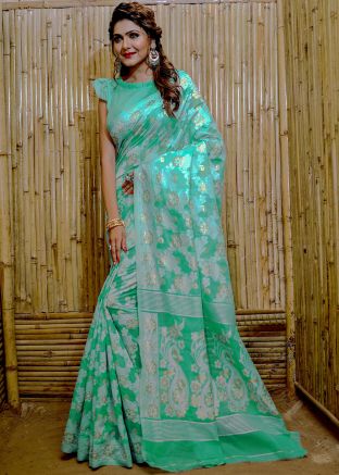 Green Printed Saree In Cotton
