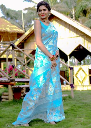 Blue Printed Saree In Cotton
