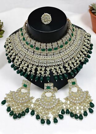 Green Alloy Based Kundan Studded Necklace Set