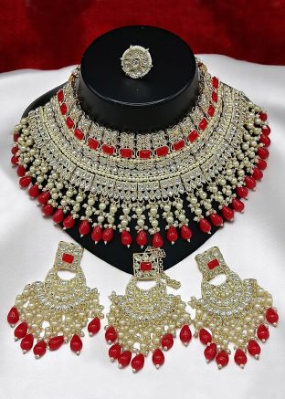 Red Kundan Studded Alloy Based Necklace Set