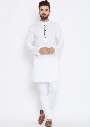 White Plain Readymade Cotton Kurta Pajama For Men