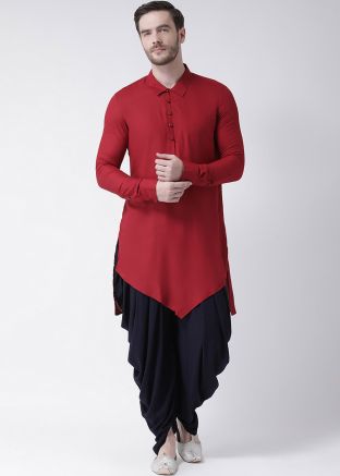 Maroon Asymmetric Mens Readymade Kurta With Dhoti