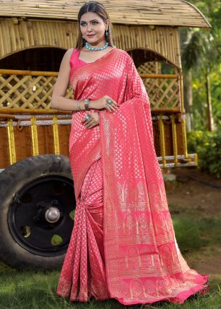 Peach Zari Woven Saree In Banarasi Silk