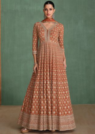 Brown Embroidered Anarkali Suit Set