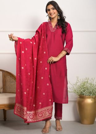 Pink Embroidered Pant Suit Set In Viscose