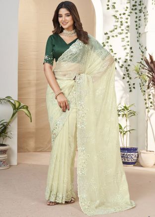 Light Green Zari Embroidered Silk Saree