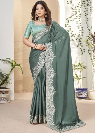 Sage Green Embroidered Saree With Blouse