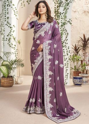 Mauve Purple Embroidered Saree With Blouse