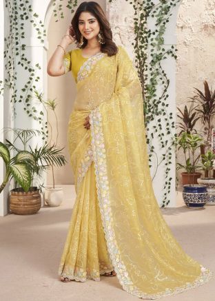 Yellow Sequins Embroidered Art Silk Saree