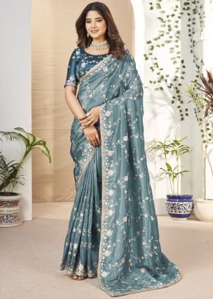 Teal Blue Embroidered Saree In Silk