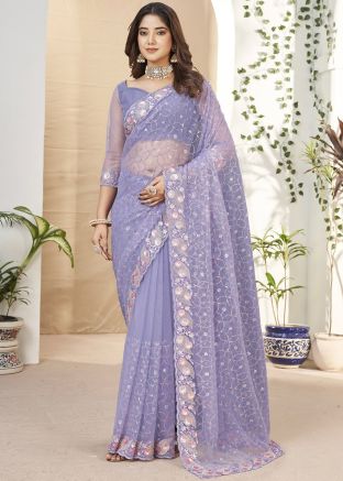 Purple Sequins Embellished Net Saree