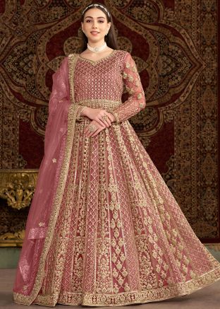 Pink Dori Embroidered Net Abaya Style Suit