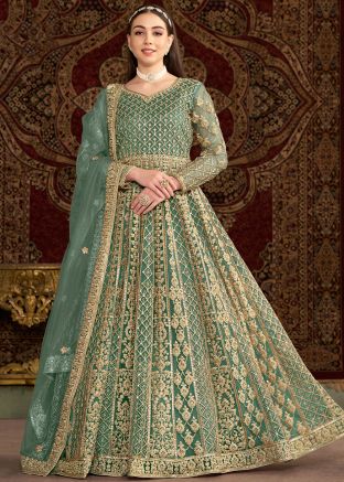 Pastel Green Embroidered Abaya Style Suit In Net