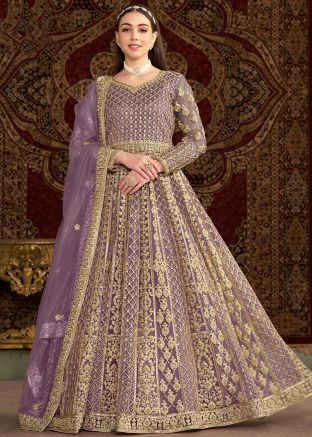 Lavender Net Abaya Style Suit In Dori Embroidery