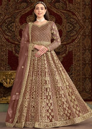 Brown Dori Embroidered Net Abaya Style Suit Set