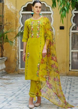 Yellow Thread Embroidered Readymade Viscose Pant Suit