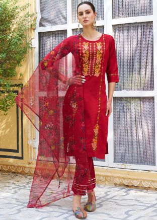 Red Readymade Thread Embroidered Pant Suit In Viscose