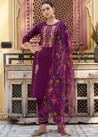 Purple Thread Embroidered Readymade Viscose Pant Suit Set