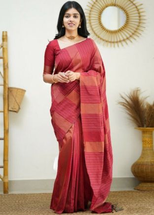 Red Woven Work Saree In Art Silk