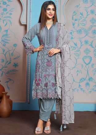 Grey Embroidered Pant Suit In Georgette